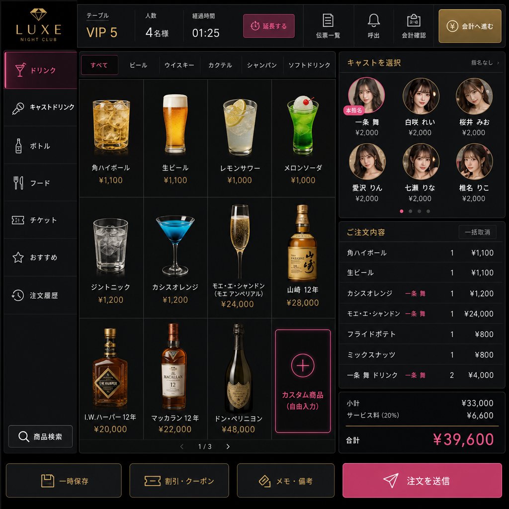 Night POSの注文管理画面。卓ごとの注文入力、商品選択、指名・同伴の登録が行える